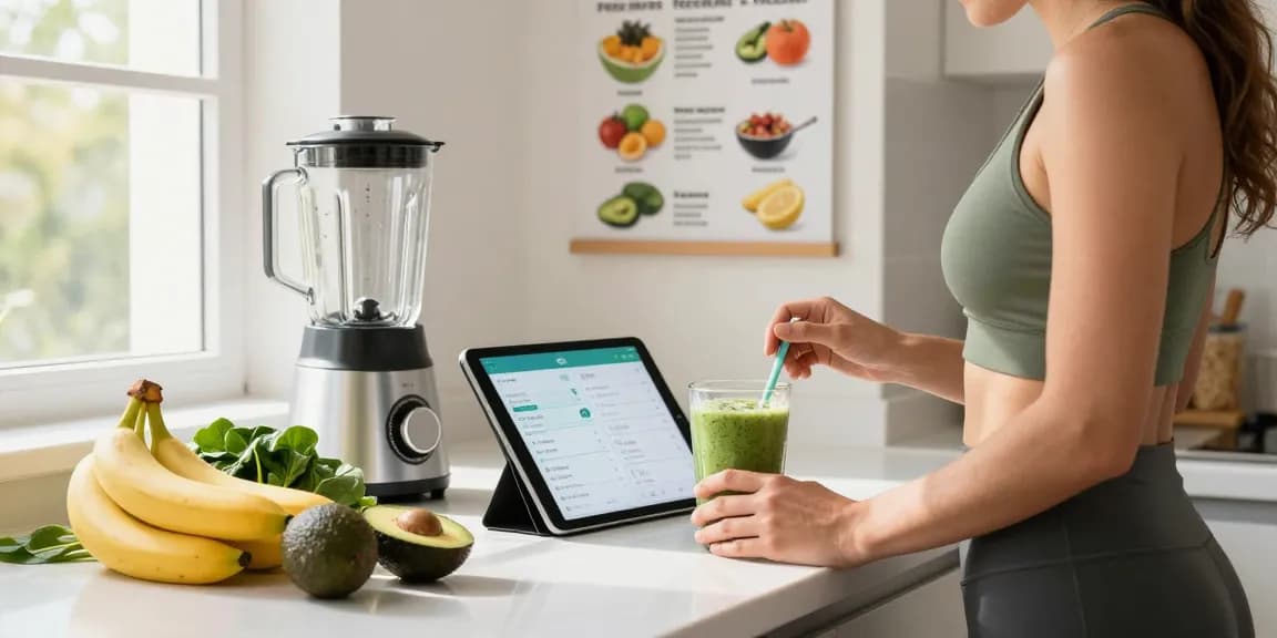 Individual using the best calorie tracker app in a bright kitchen, preparing healthy breakfast ingredients.
