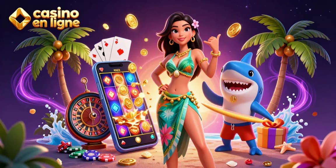 Jouez au casino en ligne avec enthousiasme alors que des personnages et des jeux vibrants prennent vie dans une scène éblouissante.