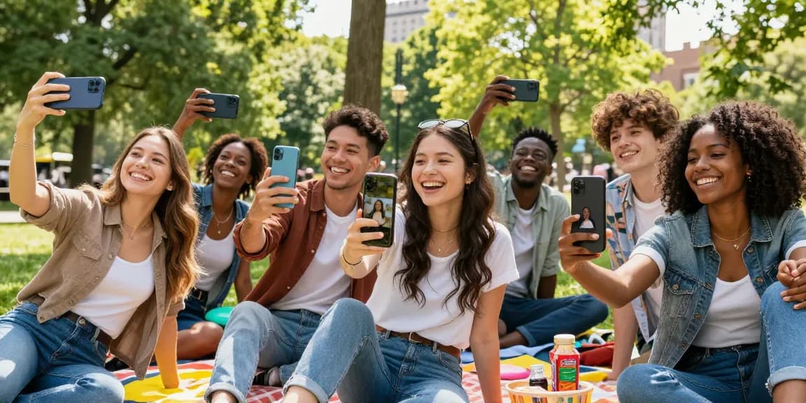 Celebrities look alike comparison in a fun urban park setting with friends sharing selfies.