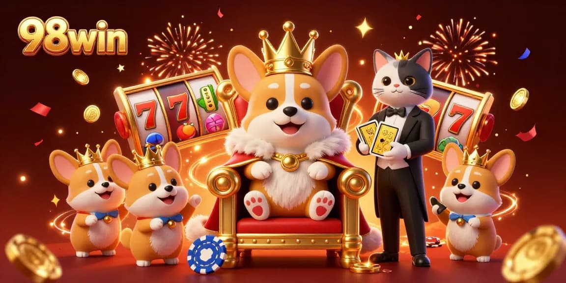 Experience the excitement of 98win with playful casino characters among vibrant slot reels and treasures.