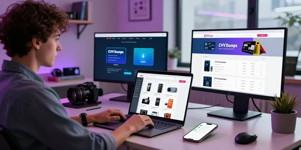 Engaging online shopping scene in a dumps shop online, showcasing browsing CVV dumps with modern tech.