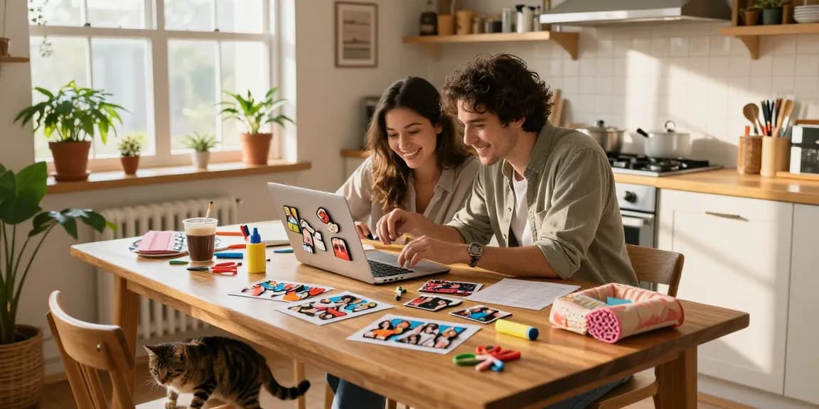 Couple designing personalized photo magnets in a cozy kitchen, surrounded by vibrant photos and crafting supplies.