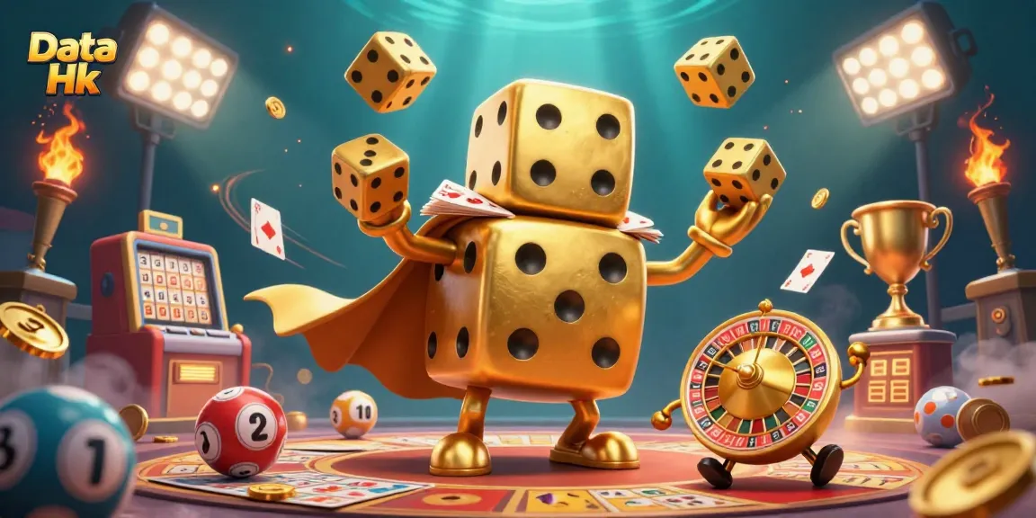 Engage with Data Hk through a dynamic scene of cartoon gambling characters and vibrant lottery elements.