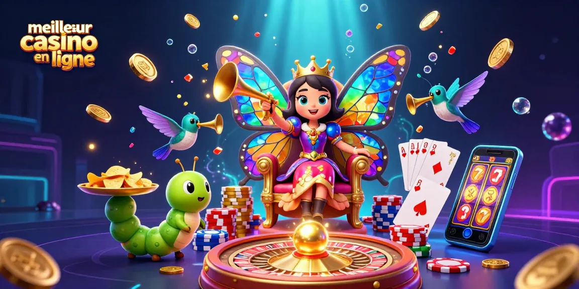 Visualiser le meilleur casino en ligne avec une reine papillon et des éléments de jeu éblouissants.