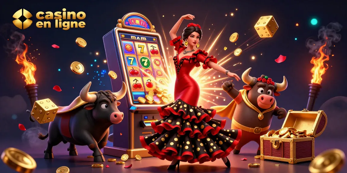 Vivez l'excitation du casino en ligne avec une illustration festive 3D dynamique mettant en valeur des personnages et des éléments de jeu.