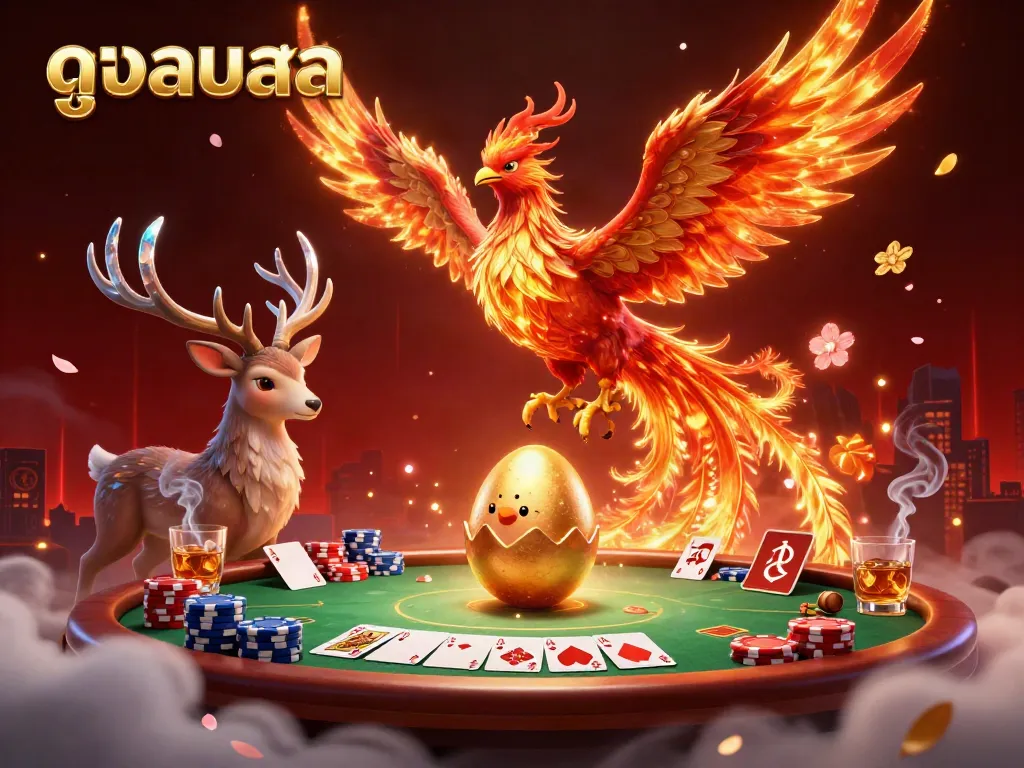 Engage in ดูบอลออนไลน์ on the vibrant scene showcasing a phoenix and stag amidst lively poker action.