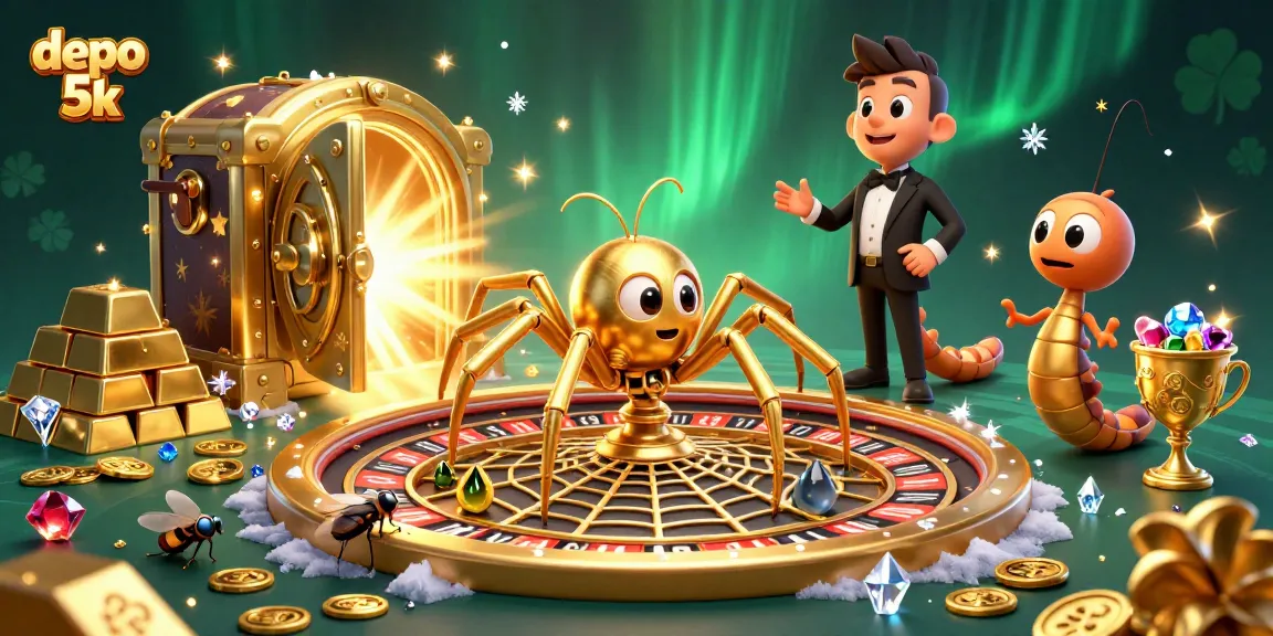 Win big with depo 5k in this vibrant casino scene; golden spider spins a roulette wheel web.