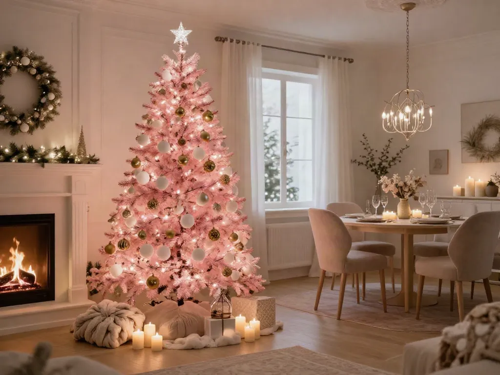 Vibrant pink pre lit xmas trees in a cozy living room decorated for Christmas with warm lights and festive decor.