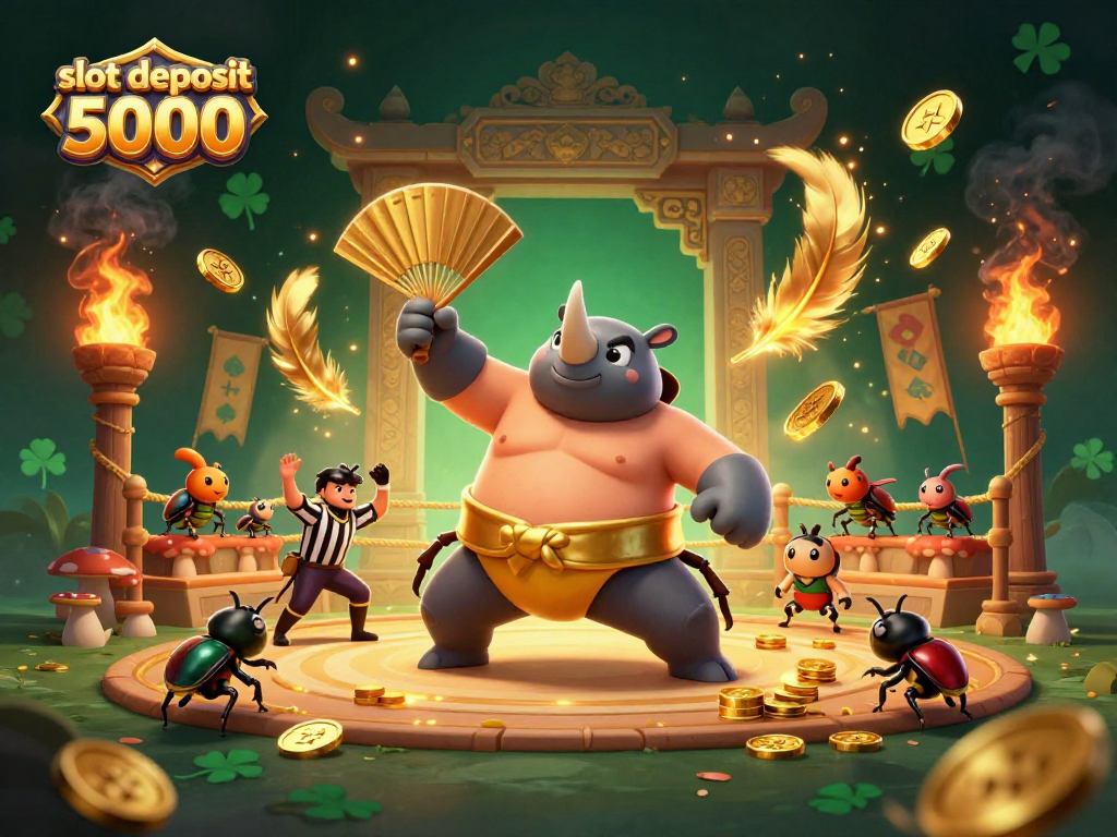 Engage in thrilling slot deposit 5000 action with a vibrant 3D beetle sumo championship, celebrating wins and jackpots.