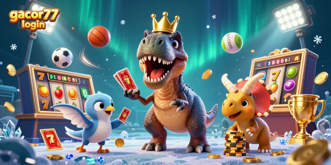 Experience gacor77 login with a card-shuffling T-Rex and winning elements in this vibrant casino illustration.