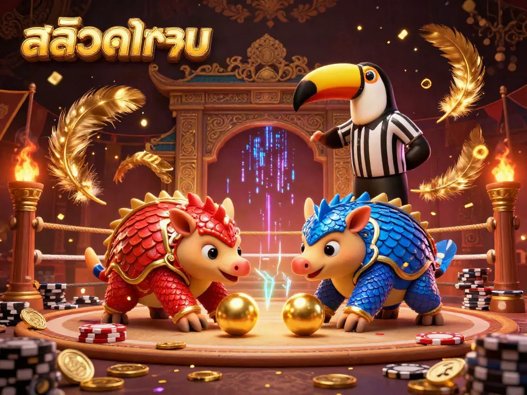 Experience the excitement of สล็อตทดลอง with animated pangolins rolling in golden balls amidst poker chips, designed for immersive gaming.