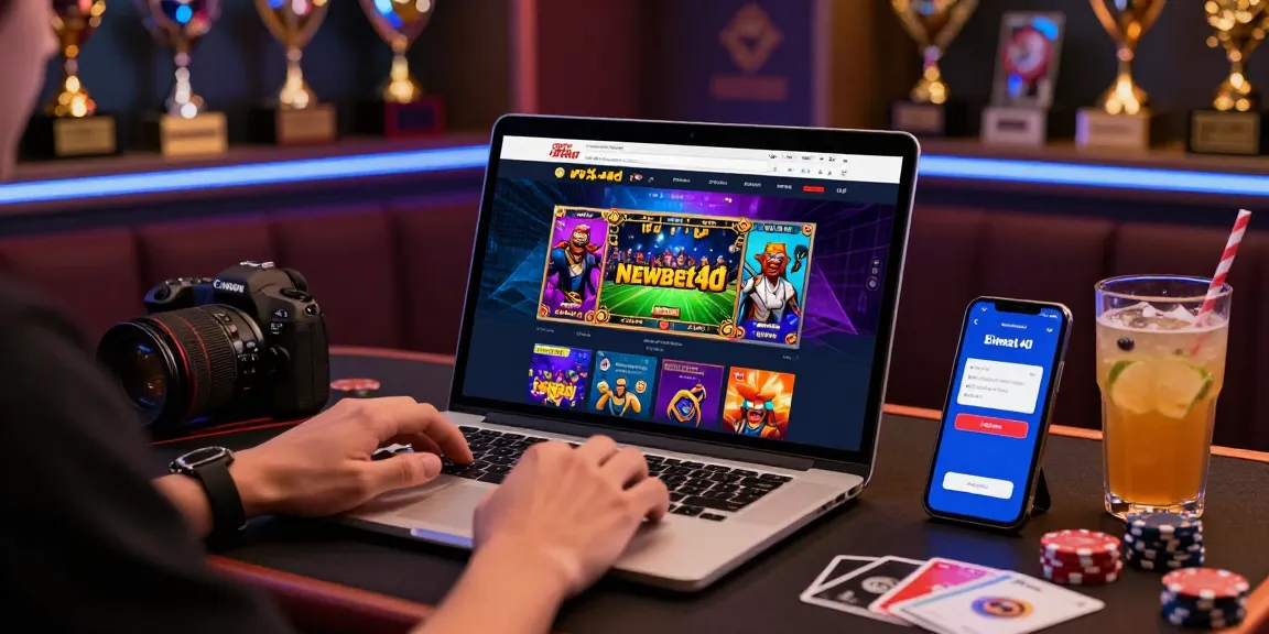 Engaged player using newbet4d platform on a laptop with gaming props.