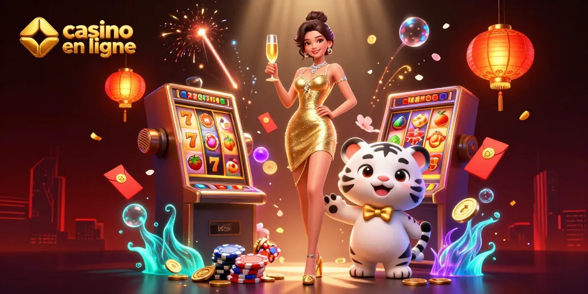 Participez à des jeux passionnants au casino en ligne avec une femme glamour et un adorable tigre blanc chanceux.