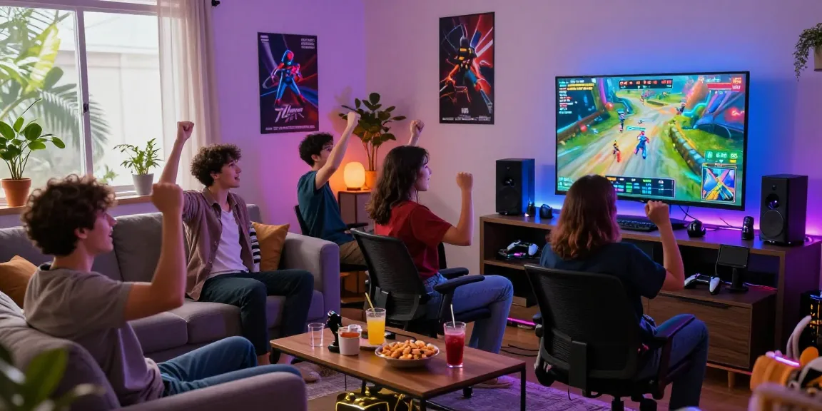 Players enjoying 7meter gaming experience in a vibrant living room with snacks and a large screen.