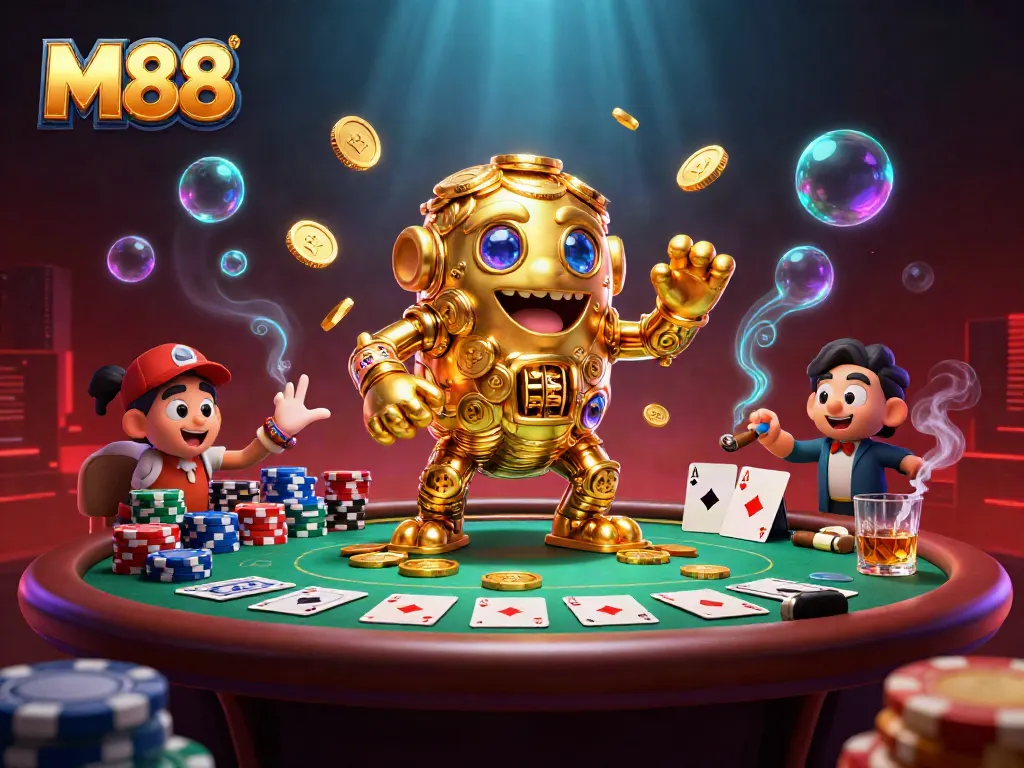 Engage with M88's thrilling gaming experience featuring a golden golem surrounded by poker elements.