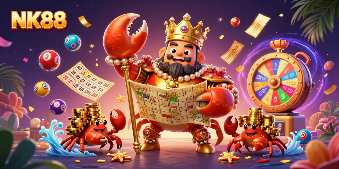 Experience thrilling gameplay with NK88's vibrant lottery elements and a golden crab emperor.