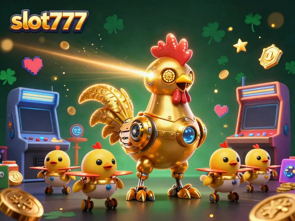Menggandeng keberuntungan dengan slot777 dan robot ayam emas futuristik dan mesin permainan penuh warna.