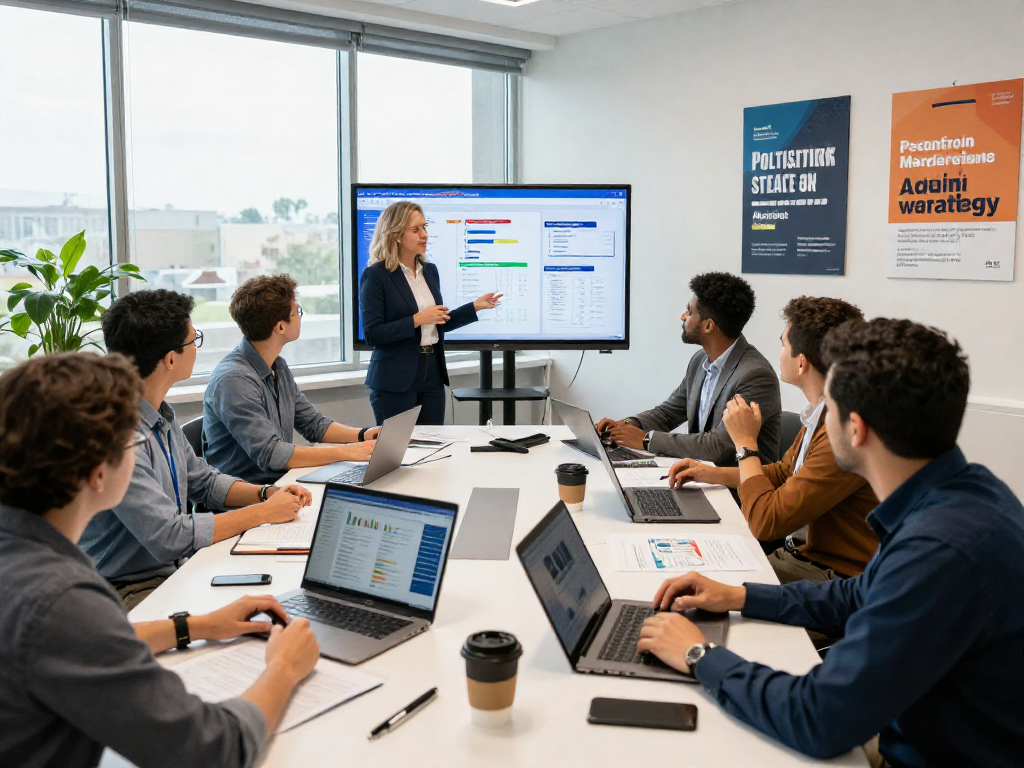 Engaging team meeting focused on digital advertising for political campaigns with data charts and collaborative discussions.