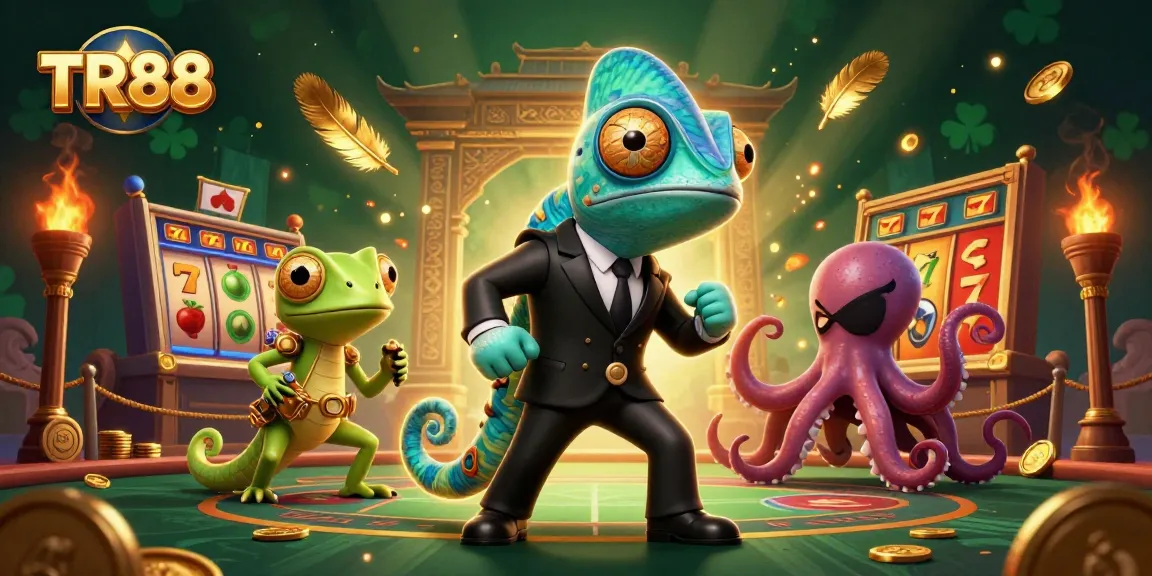 Experience the thrilling slot games at TR88 with engaging 3D characters in a vibrant casino setting.