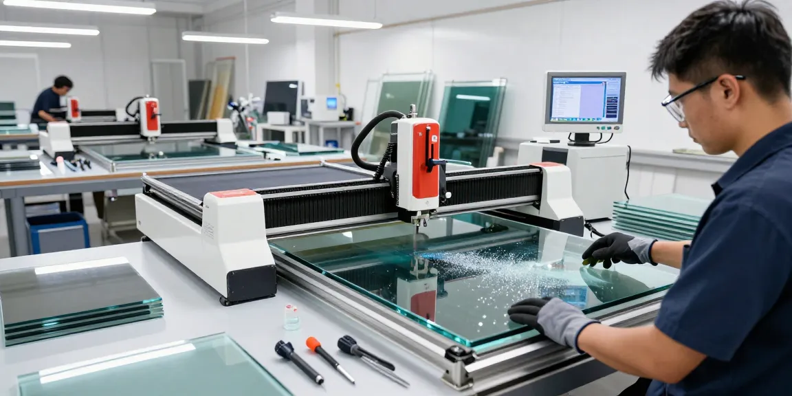 Technician using a CNC glass cutting machine in a bright workshop, illustrating modern glass processing technology.