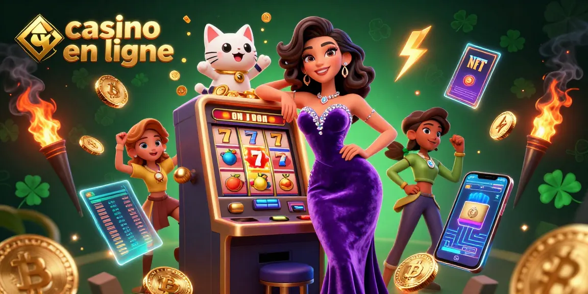 Play exciting casino en ligne games with a glamorous woman at a jackpot slot machine.