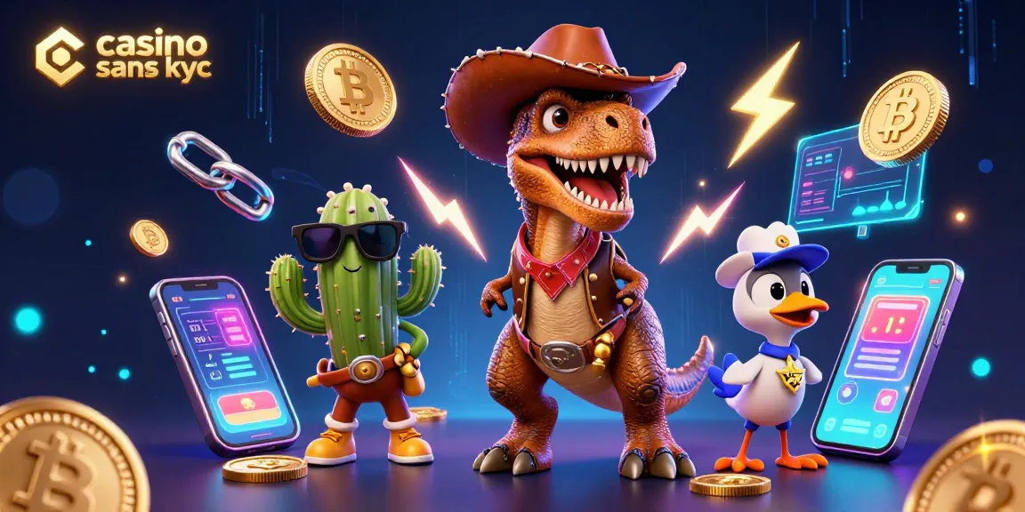 Jouer au casino sans KYC avec des personnages 3D colorés et des pièces de crypto-monnaie.