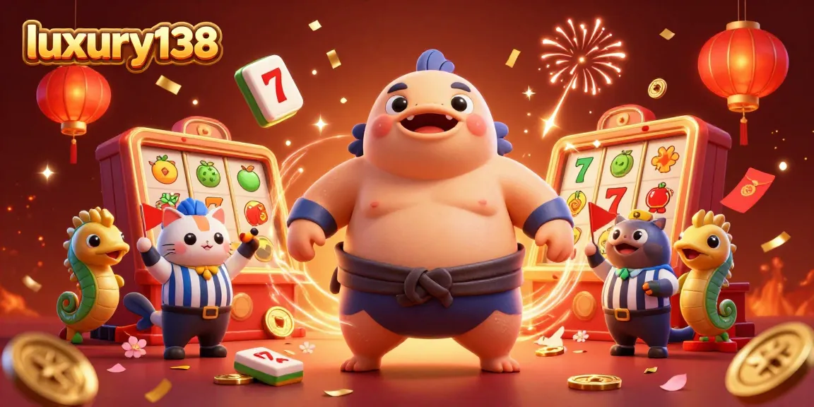 Engage in the excitement of luxury138's vibrant casino scene featuring an energetic fugu character among slot symbols and festive decorations.