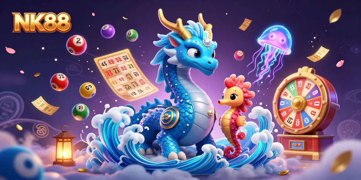 Experience the thrill of NK88 with a vibrant casino illustration showcasing an azure dragon and seahorse knight.