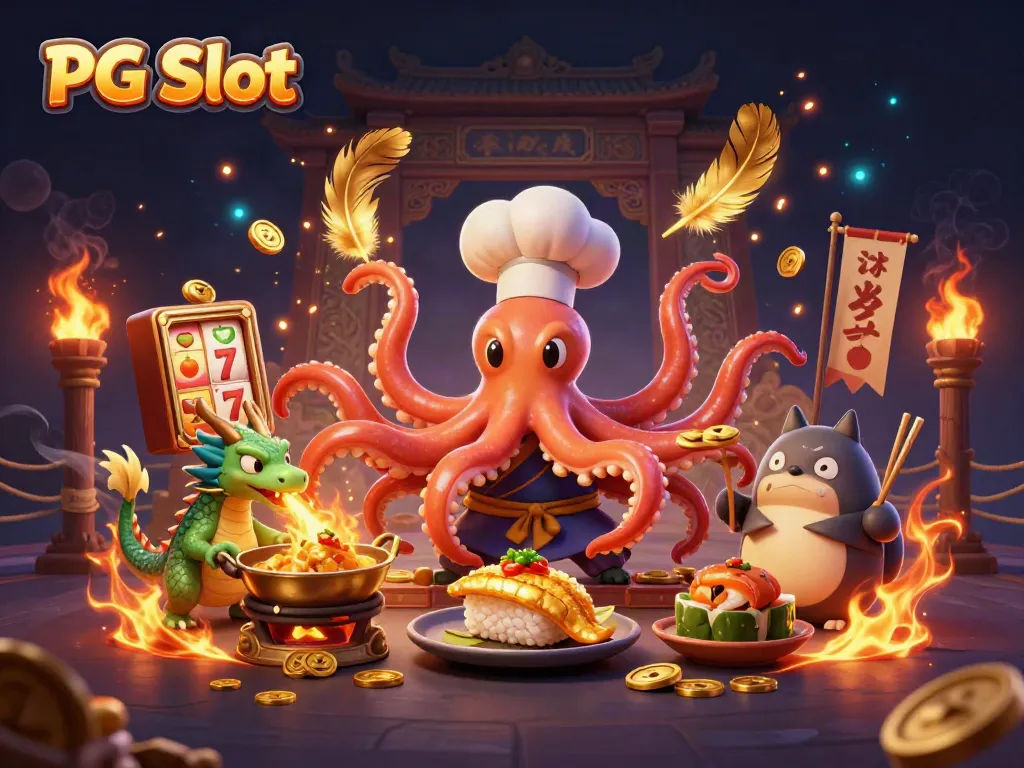 Menangkan PG Slot dengan ilustrasi chef sushi dan naga, suasana kasino yang penuh warna.