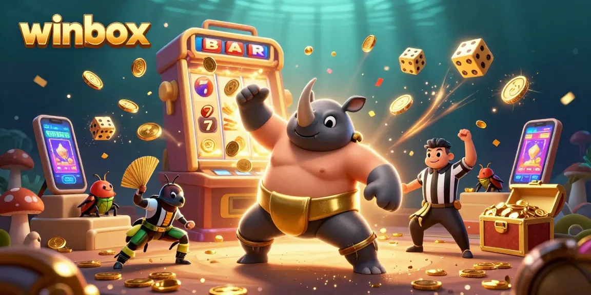 Winbox casino scene with a powerful beetle champion surrounded by slot machines and gold coins
