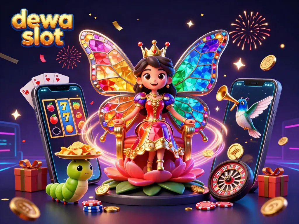 Permainan dewa slot menghibur dengan efek kilau dan karakter kartun berwarna cerah.