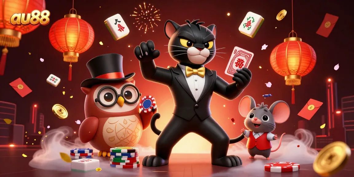Spin and win at au88 with a stylish black panther, owl, and lucky mouse amidst festive gaming elements.