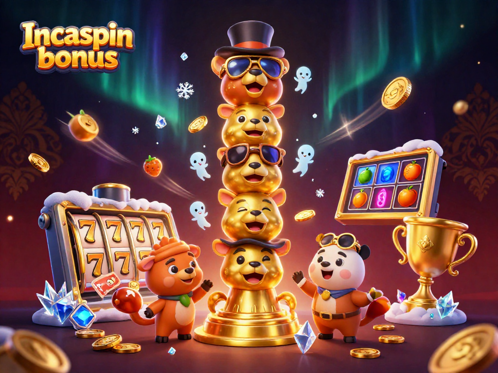 Experience the Incaspin bonus with a vibrant 3D scene featuring a golden totem pole amidst dynamic casino symbols.