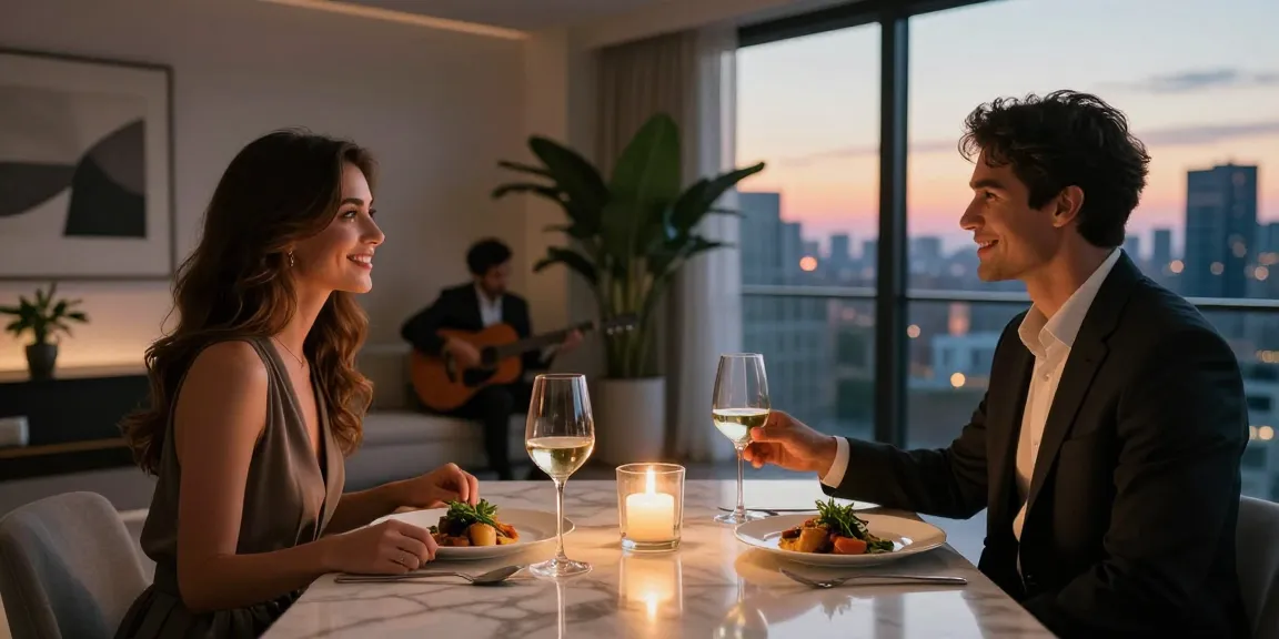 Suasana mewah dengan pasangan menikmati hidangan gourmet di penthouse luxury111.