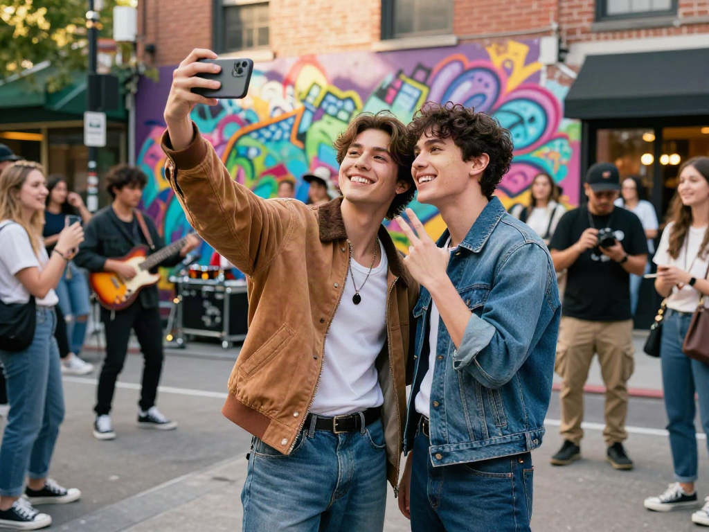 Two individuals resembling celebrities happily taking a selfie in a vibrant urban setting.