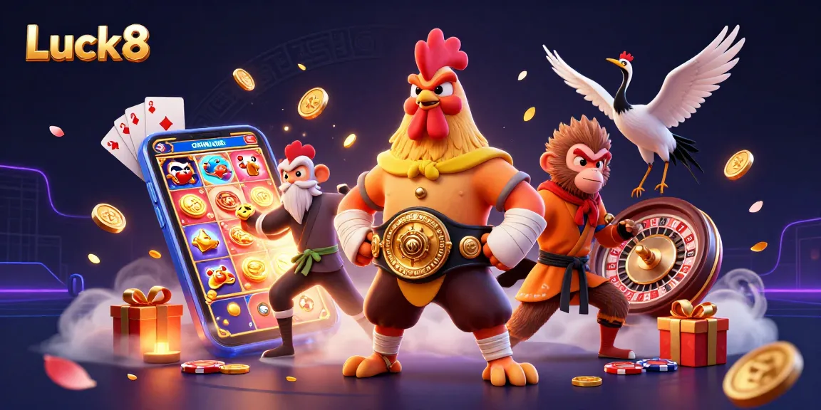 Luck8 showcases vibrant casino excitement with 3D characters and dynamic gaming elements.