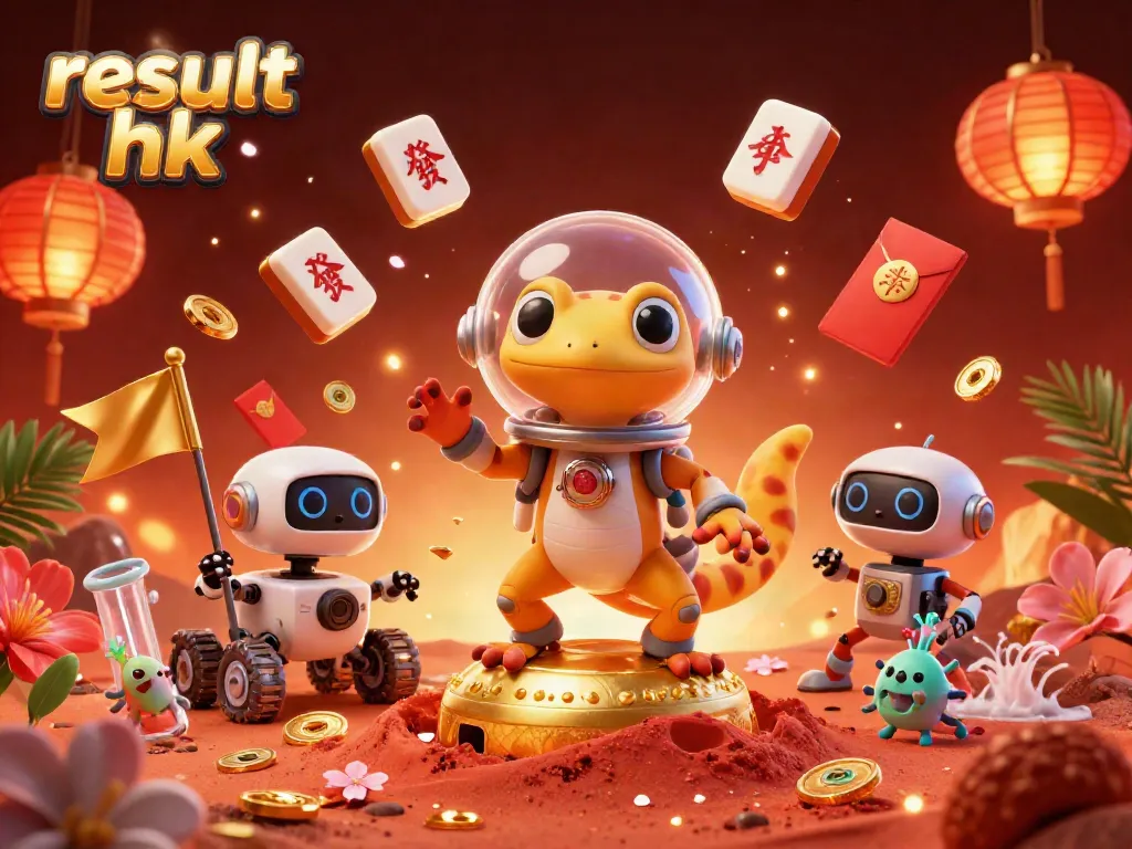 Hasil lotere HK yang menarik di kasino Martian dengan karakter warna-warni, menyemarakkan suasana kemenangan.