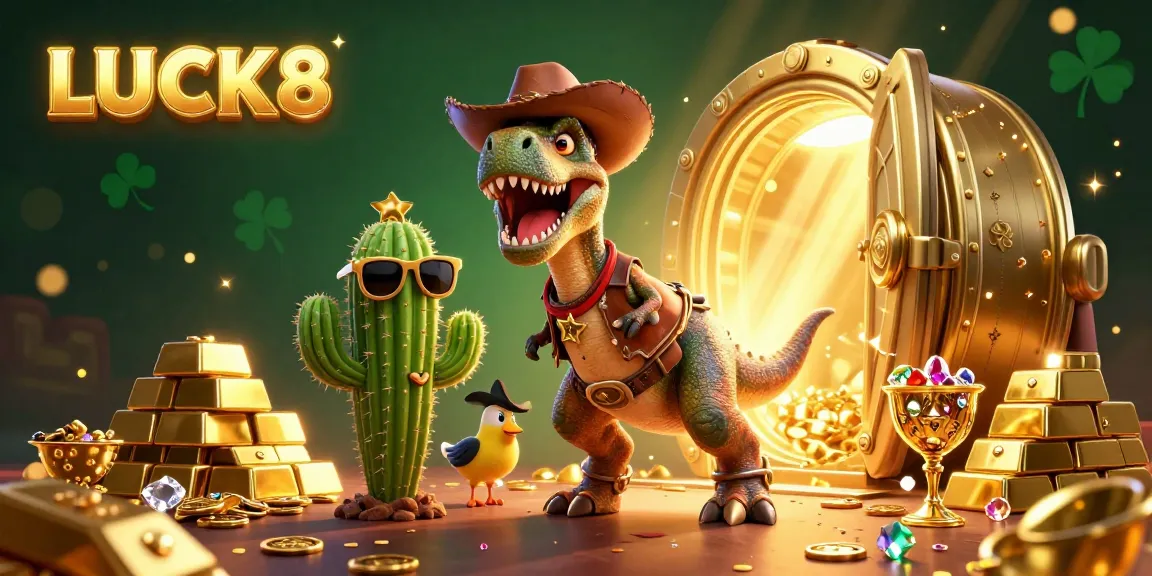 Engage in thrilling gameplay at LUCK8 casino with vibrant gold and gems in this dynamic 3D scene.