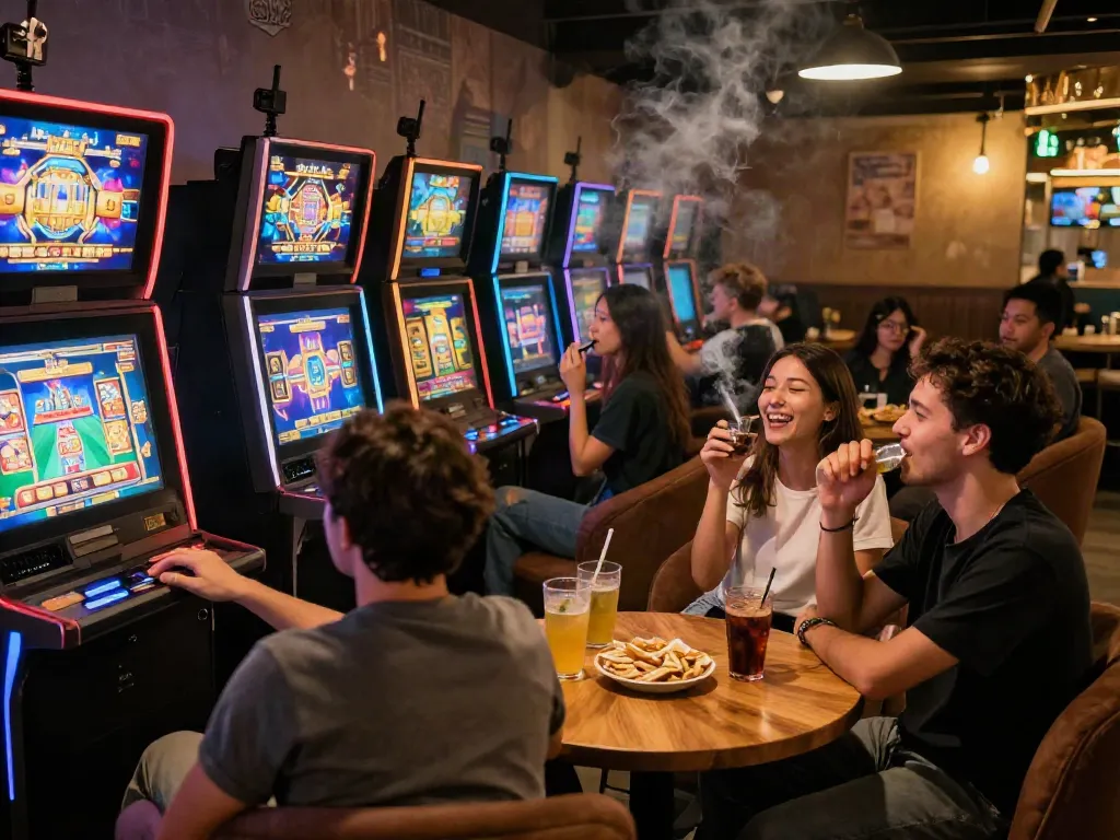 luxury12 gaming lounge with players enjoying slots and drinks