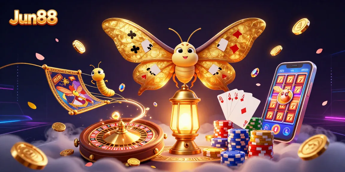 Experience the thrill of Jun88 with a dynamic casino scene featuring vibrant characters and game elements.