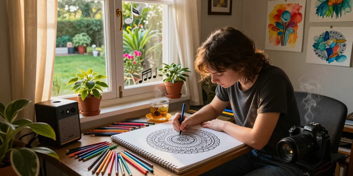 Coloring for stress relief in a cozy art studio setting with colorful pencils and a mandala sketchbook.