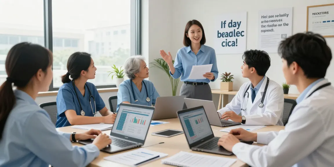 Sovereign Revenue team collaborating on revenue cycle management solutions in a bright healthcare office.