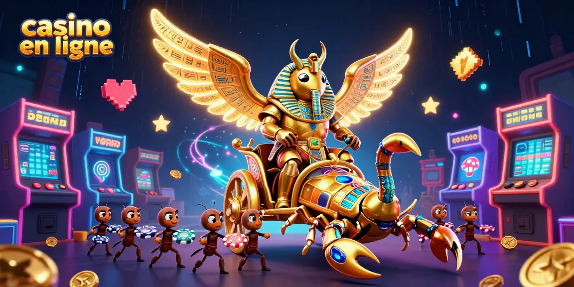 Jouez dans un casino en ligne avec des machines brillantes, des cartes et des jetons animés.