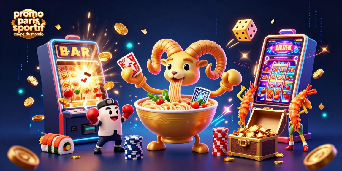 Promo Paris Sportif Coupe du Monde avec un bol de ramen doré distribuant des cartes au casino