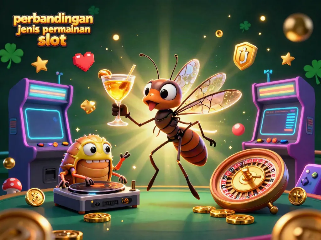 Ilustrasi perbandingan jenis permainan slot dengan karakter kasino unik dan mesin permainan yang cerah.