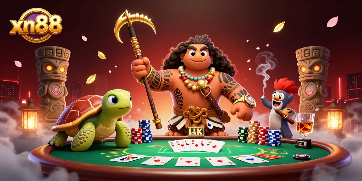 Experience thrilling action at xn88 with a vibrant poker scene featuring Hawaiian demigods and rich casino elements.