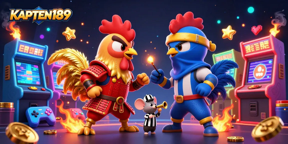 KAPTEN189 menunjukkan rooster bertarung di arena judi dengan atribut samurai dan ninja, elemen permainan kasino mengelilingi mereka.