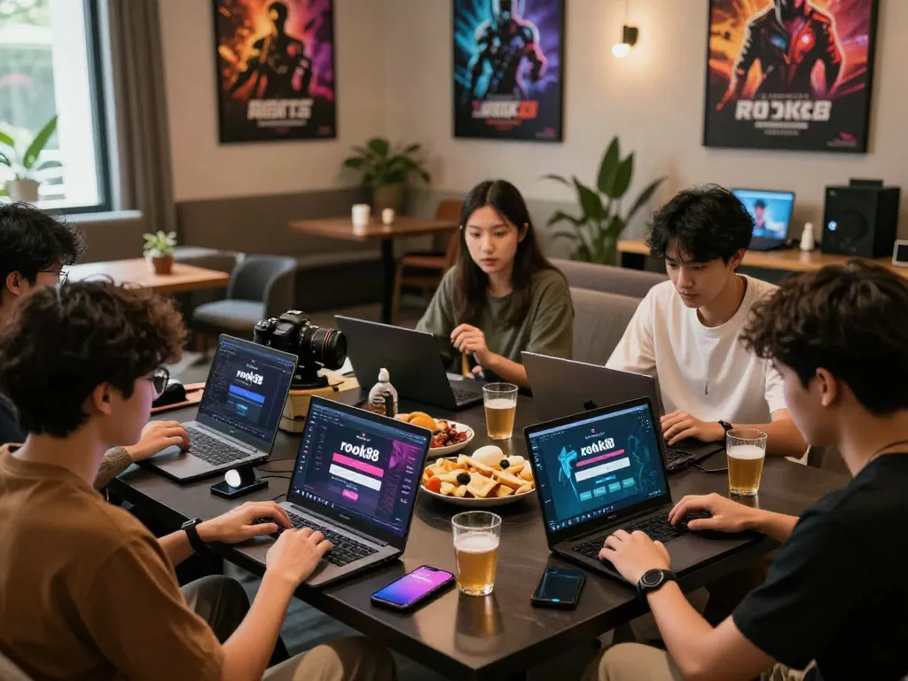 Engaging group using rokok88 login on laptops in a modern lounge setting.