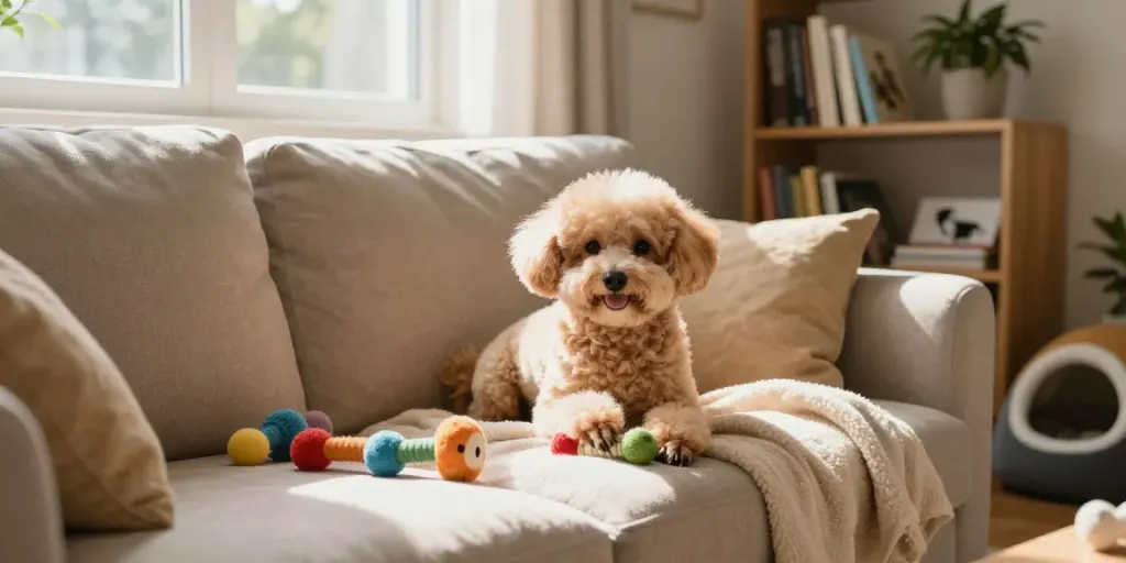 Teacup Maltipoo playing with chew toy in a cozy living room