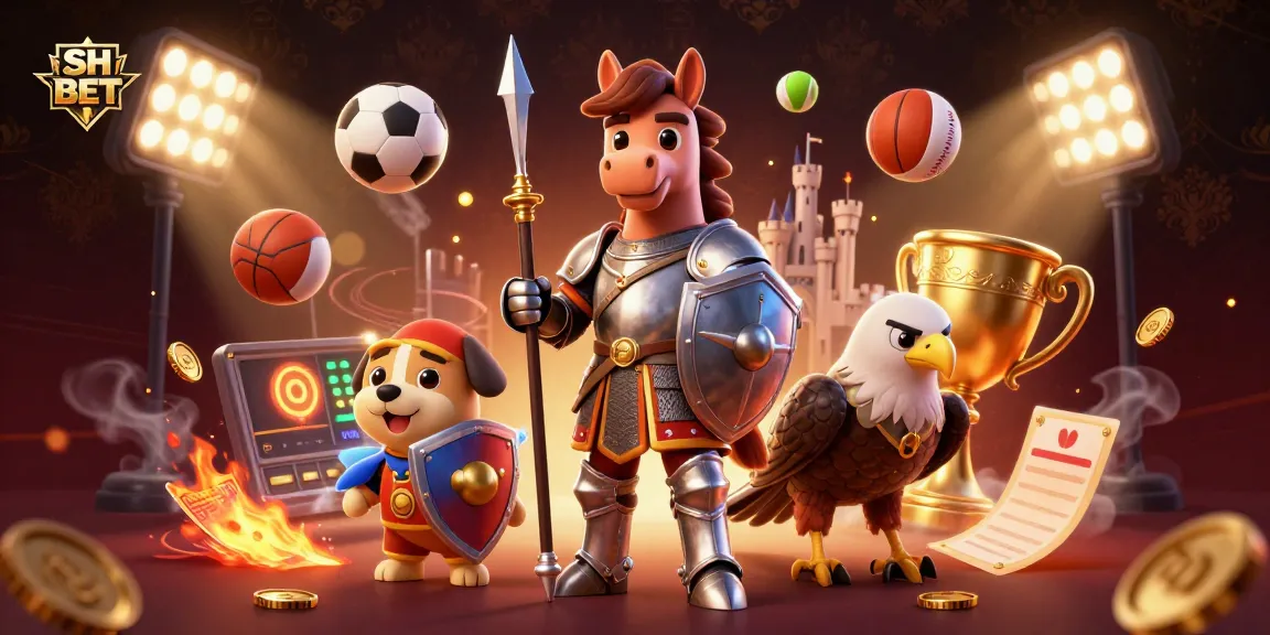 Win big with SH BET in a vibrant online casino illustration featuring knights and sports elements.